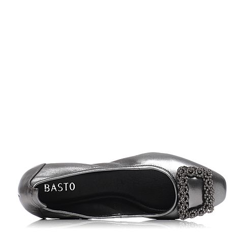 BASTO/百思图春季专柜同款青灰色羊皮复古浅口女休闲鞋TS320AQ7