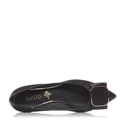 BASTO/百思图春季专柜同款黑色羊皮金属蝴蝶结舒适浅口尖头女单鞋TE221AQ7