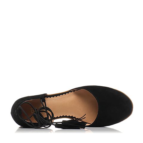 BASTO/百思图春季专柜同款黑色羊皮草编坡跟女凉鞋TR501AK7