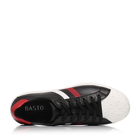 BASTO/百思图春季黑色牛皮条纹系带男休闲鞋BHF05AM7