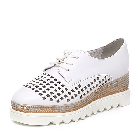 BASTO/百思图春季专柜同款白色牛皮镂空系带坡跟女休闲鞋YEP03AM7