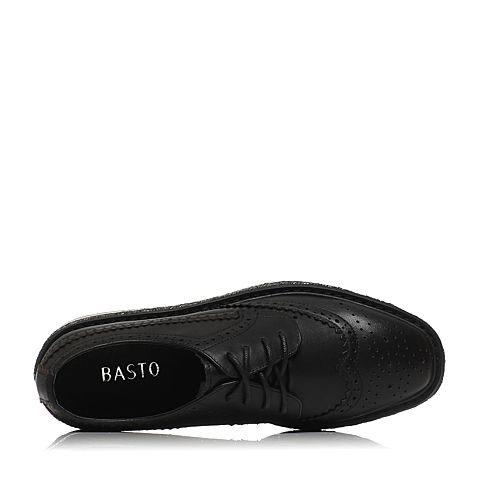 BASTO/百思图春季专柜同款黑色牛皮系带休闲坡跟女皮鞋TMK20AM7