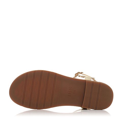 BASTO/百思图夏季专柜同款金/杏色羊皮/布面休闲水钻平跟女凉鞋TQX02BL7