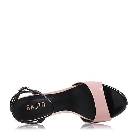 BASTO/百思图夏季专柜同款粉/黑色牛皮优雅细高跟简约女凉鞋TZ210BL7