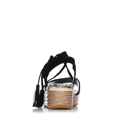 BASTO/百思图夏季专柜同款黑色羊绒皮简约绑带坡跟女凉鞋TG212BL7