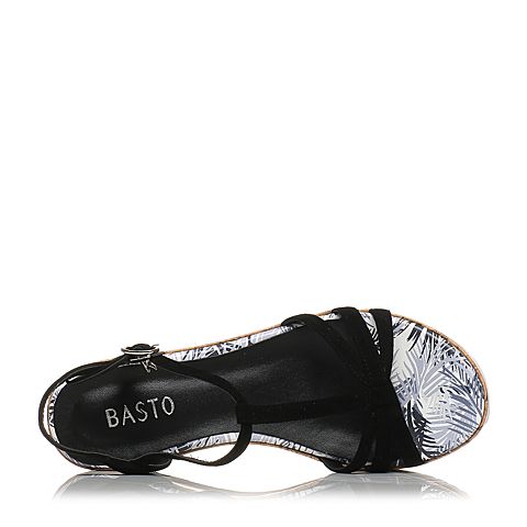 BASTO/百思图夏季专柜同款黑色羊皮/布露趾T字坡跟女凉鞋TH202BL7