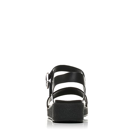 BASTO/百思图夏季专柜同款黑色羊皮几何一字坡跟女凉鞋JQ01DBL7