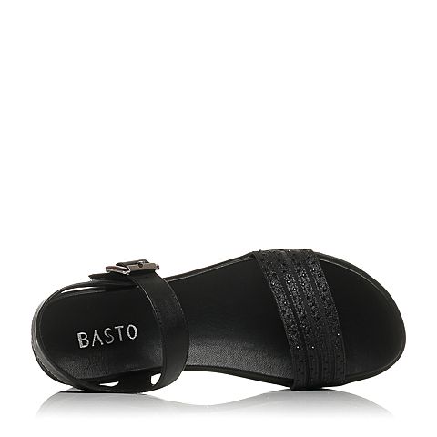 BASTO/百思图夏季专柜同款黑色羊皮/布面闪钻坡跟女凉鞋TJQ03BL7