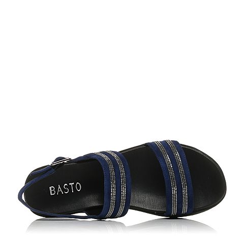 BASTO/百思图夏季专柜同款深兰色羊皮一字带坡跟女凉鞋TJQ08BL7