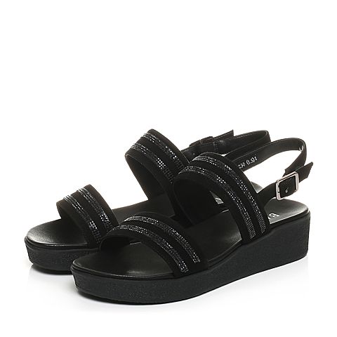 BASTO/百思图夏季专柜同款黑色羊皮/布一字带坡跟女凉鞋TJQ08BL7