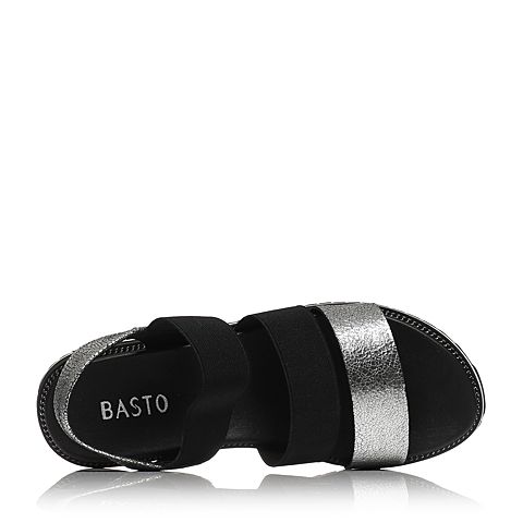 BASTO/百思图夏季专柜同款银色羊皮休闲坡跟套脚女凉鞋TGY04BL7