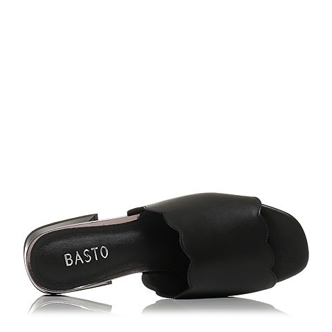 BASTO/百思图夏季专柜同款黑色牛皮简约休闲粗跟女凉拖鞋TBV01BT7