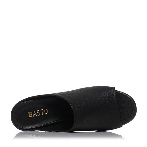 BASTO/百思图夏季专柜同款黑色牛皮简约舒适粗高跟女凉拖TCB04BT7