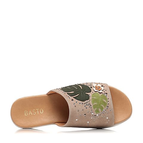 BASTO/百思图夏季专柜同款灰/绿色羊皮休闲趣味坡跟女凉拖鞋TJQ02BT7
