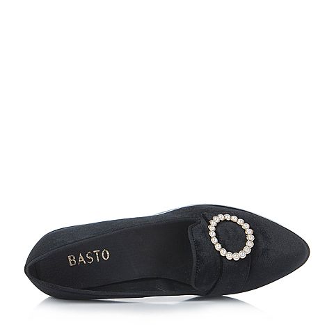 BASTO/百思图春季专柜同款黑色绒布简约复古方跟女浅口鞋TYD24AQ7