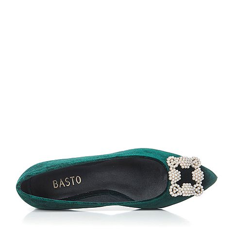 BASTO/百思图春季专柜同款深绿色绒布复古尖头浅口女单鞋TQJ30AQ7