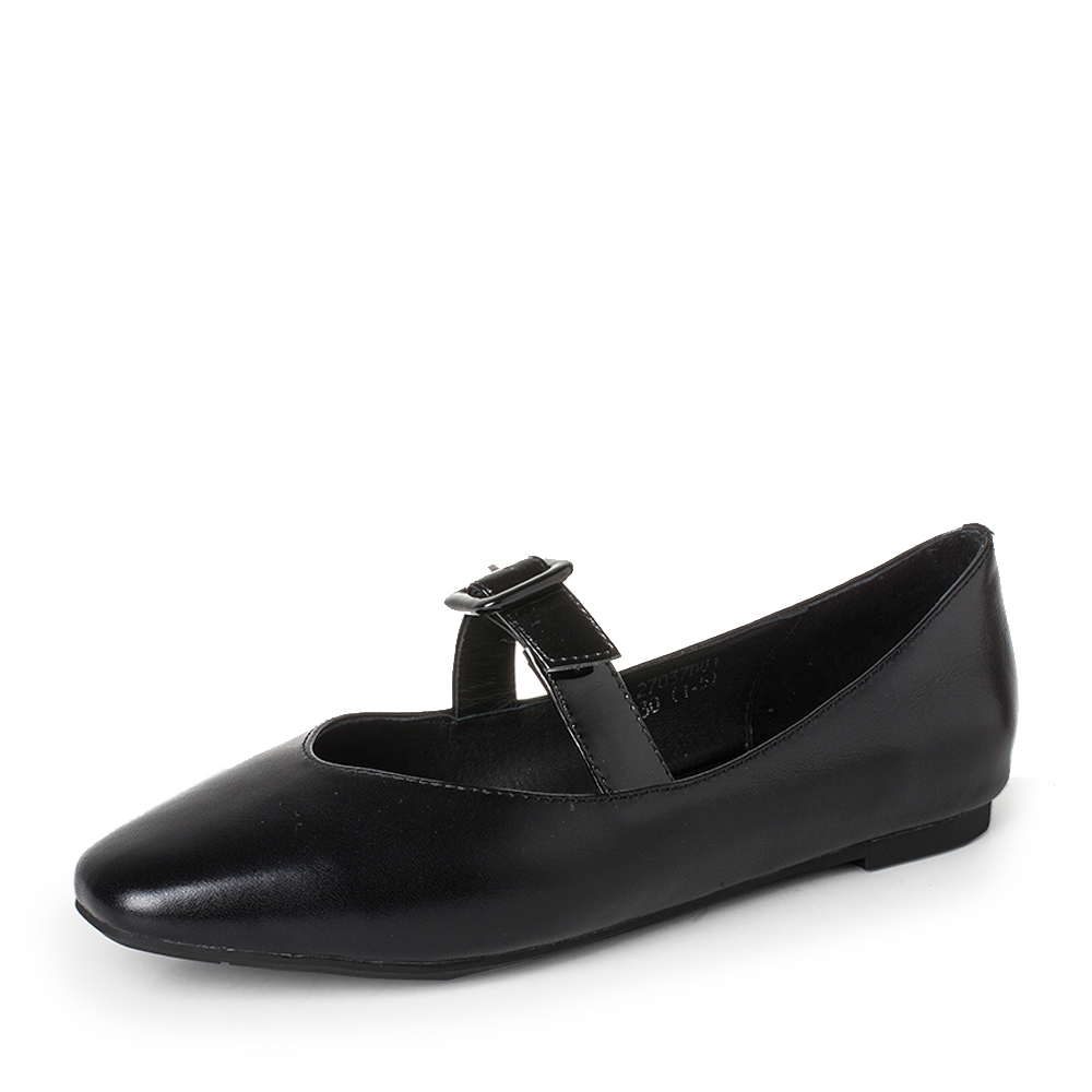 BASTO/百思图春季黑色牛皮时尚通勤气质方头平跟女单鞋27037AQ7