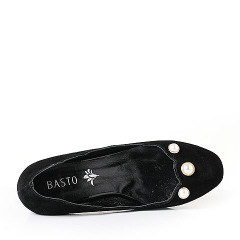 BASTO/百思图春季黑色羊绒皮优雅通勤女单鞋17167AQ7