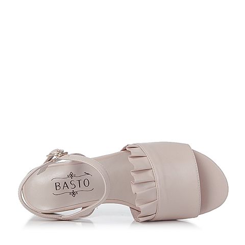 BASTO/百思图夏季粉色羊皮甜美可爱简约纯色平跟女凉鞋61154BL7