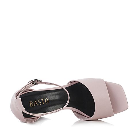 BASTO/百思图夏季粉色牛皮简约通勤一字粗跟女皮凉鞋L0112BL7