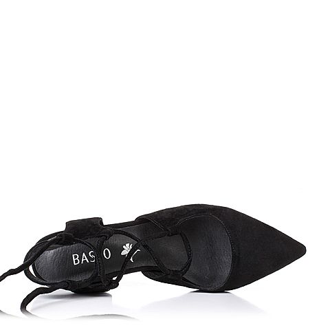 BASTO/百思图夏季黑色羊绒皮优雅尖头粗高跟绑带女凉鞋P3606BL7
