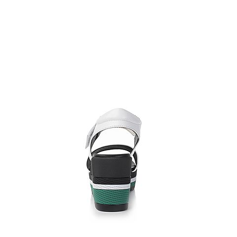 BASTO/百思图夏季专柜同款白色牛皮/纺织物坡跟女凉鞋17B50BL7