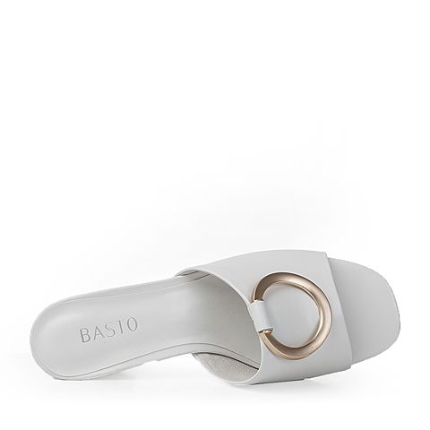 BASTO/百思图新款夏季专柜同款白色羊皮方头女凉拖鞋17B49BT7