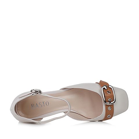 BASTO/百思图夏季专柜同款米白色牛皮玛丽珍粗跟女凉鞋17B59BK7