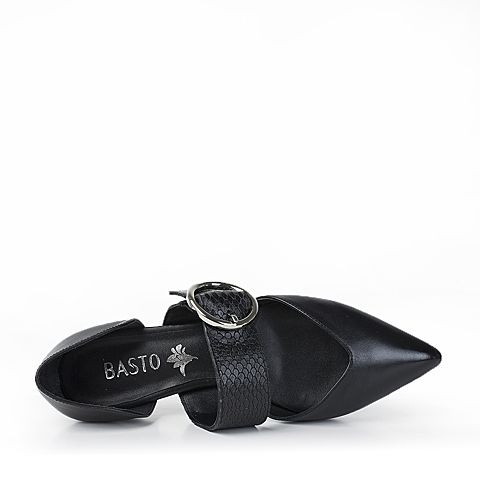 BASTO/百思图新款夏季黑色羊皮/牛皮尖头小V口女凉鞋TS806BK7