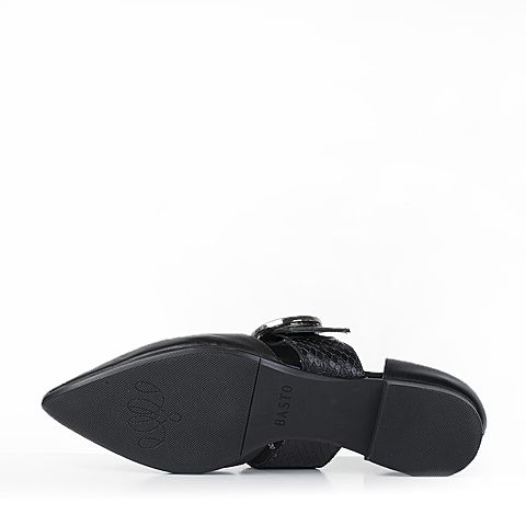 BASTO/百思图新款夏季黑色羊皮/牛皮尖头小V口女凉鞋TS806BK7