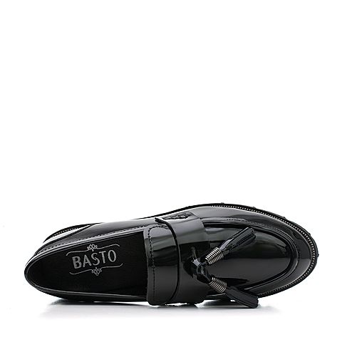BASTO/百思图秋季专柜同款黑色流苏漆皮浅口方跟女单鞋YFT03CQ7