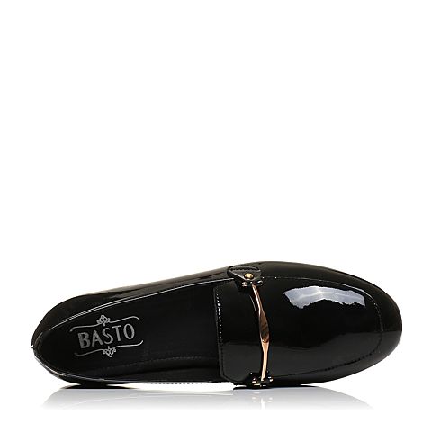 BASTO/百思图秋季专柜同款黑色光面超纤PU休闲浅口方跟女单鞋YHV01CQ7