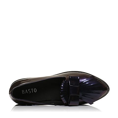 BASTO/百思图秋季专柜同款紫色流苏蝴蝶结漆皮方跟女单鞋17C09CQ7
