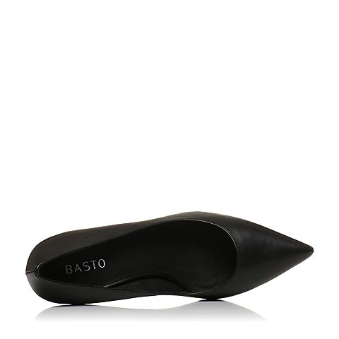 BASTO/百思图秋季专柜同款黑色羊皮简约通勤优雅细高跟女单鞋17C20CQ7