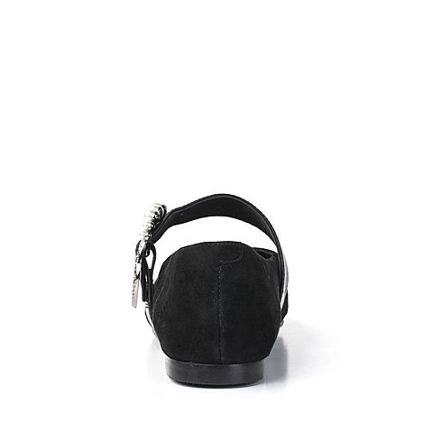 BASTO/百思图秋季新品黑色羊绒皮珍珠尖头方跟浅口女单鞋TE227CQ7