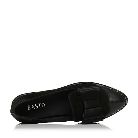 BASTO/百思图秋季专柜同款黑色牛皮/布面甜美蝴蝶结方跟女单鞋TYD22CQ7
