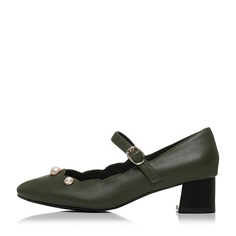 BASTO/百思图秋季专柜同款绿色绵羊皮珍珠玛丽珍粗跟女单鞋TX532CQ7