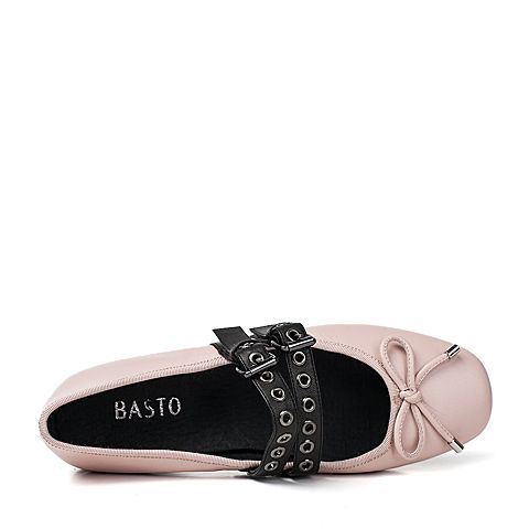 BASTO/百思图秋季粉/黑羊皮甜美蝴蝶结平跟女芭蕾舞鞋TRI31CQ7