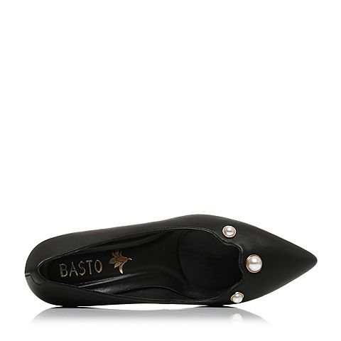 BASTO/百思图秋季专柜同款黑色羊皮珍珠浅口细高跟女单鞋TTO22CQ7