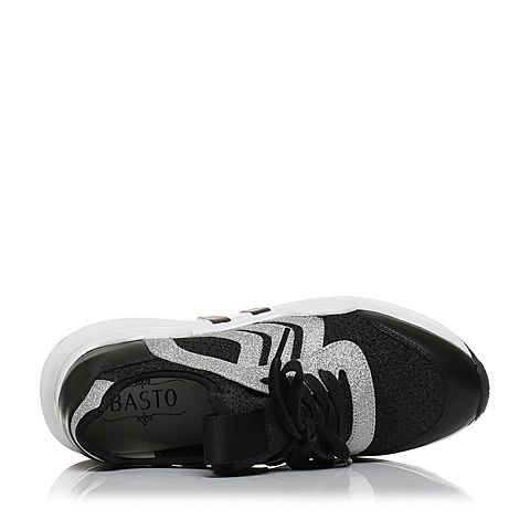 BASTO/百思图夏季专柜同款黑/银布面/牛皮拼接系带坡跟女休闲鞋YHY01BM7