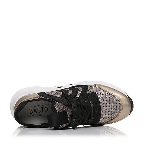 BASTO/百思图夏季专柜同款金色布面/牛皮拼接系带坡跟女休闲鞋YHY01BM7