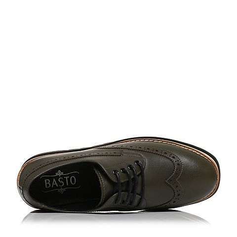 BASTO/百思图秋季专柜同款卡其色软面牛皮复古镂花系带坡跟女休闲鞋YES02CM7