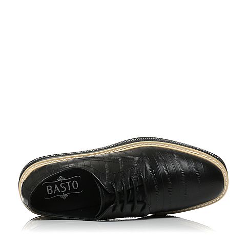 BASTO/百思图秋季专柜同款黑色压纹牛皮系带舒适坡跟女休闲鞋YFG06CM7