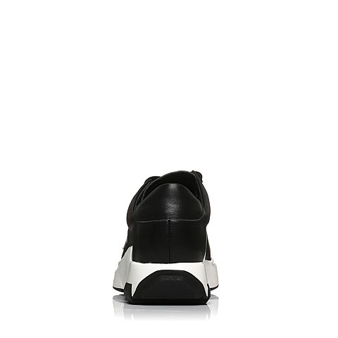BASTO/百思图秋季专柜同款黑色软面牛皮时尚拼色系带坡跟女休闲鞋YHJ01CM7