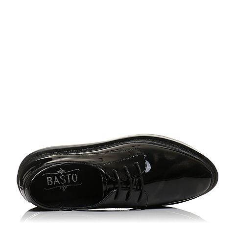 BASTO/百思图秋季专柜同款黑色光面超纤PU系带坡跟女休闲鞋YHM01CM7