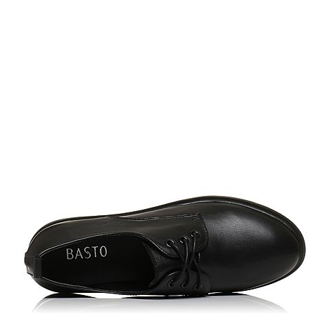 BASTO/百思图秋季专柜同款黑色牛皮简约休闲圆头方跟女单鞋17C07CM7