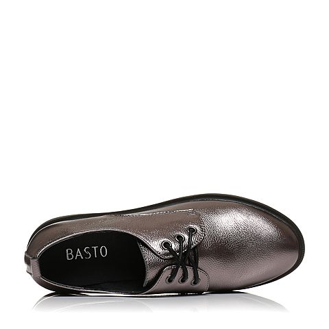 BASTO/百思图秋季专柜同款枪色牛皮简约休闲圆头方跟女单鞋17C07CM7