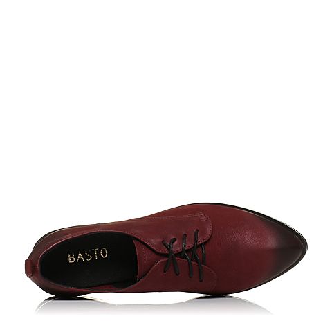 BASTO/百思图秋季专柜同款酒红色牛皮简约尖头系带方跟女单鞋TYD25CM7