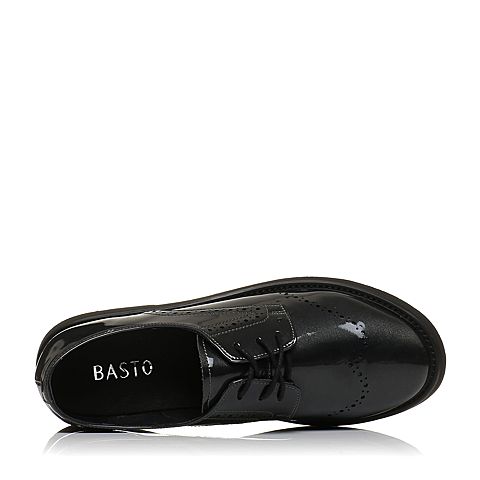 BASTO/百思图秋季专柜同款黑灰色人造革镂花系带方跟女单鞋RAG20CM7