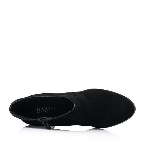 BASTO/百思图秋季专柜同款黑色羊绒皮侧拉链粗跟女皮靴RAS44CD7
